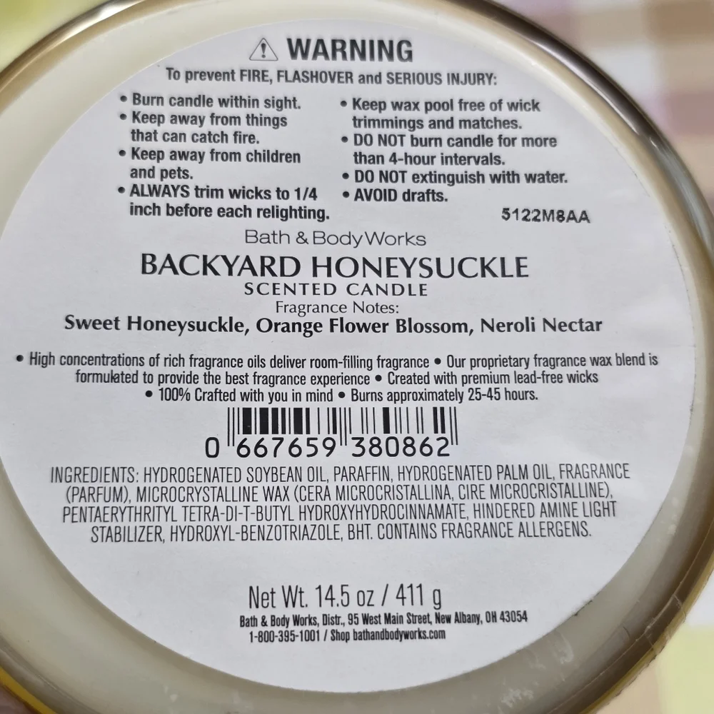 Bath & Body Works Backyard Honeysuckle 3-Wick Candle NEW RARE Design